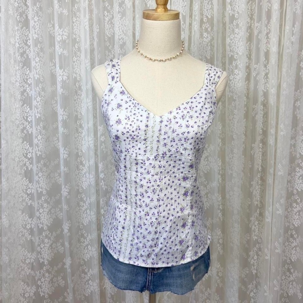 Coquette Tank Top Purple Floral Cottagecore Sleeveless Summer Spring Women's M‎